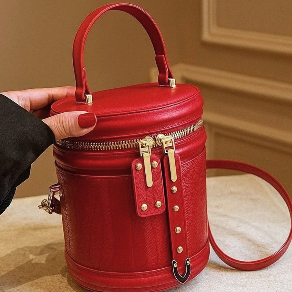 ❤️Chic Red Cylinder Crossbody Bucket Fun Handbag or Cosmetic Travel Makeup Bag